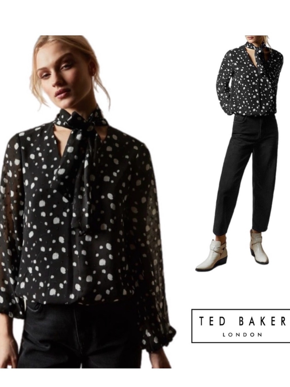 Ted Baker Therra Polka Dot Tie Neck Blouse Size US 6